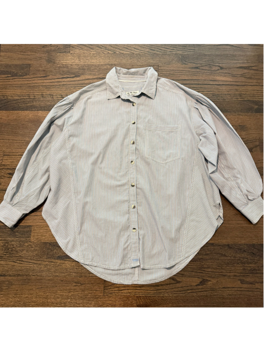 We The Free People Happy Hour Women’s Blue Tan & White Striped Shirt SZ Medium